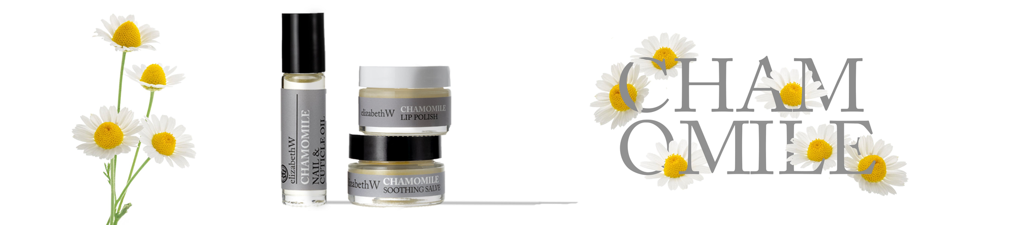 Chamomile-themed beauty products, including a roller bottle and two jars, are displayed against a floral background with chamomile flowers. The text "Chamomile" is visible on the right.