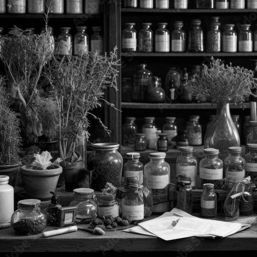 A black and white image of an apothecary with jars and bottles on shelves and a wooden counter. Dried herbs and plants are displayed alongside a few open notebooks on the surface.