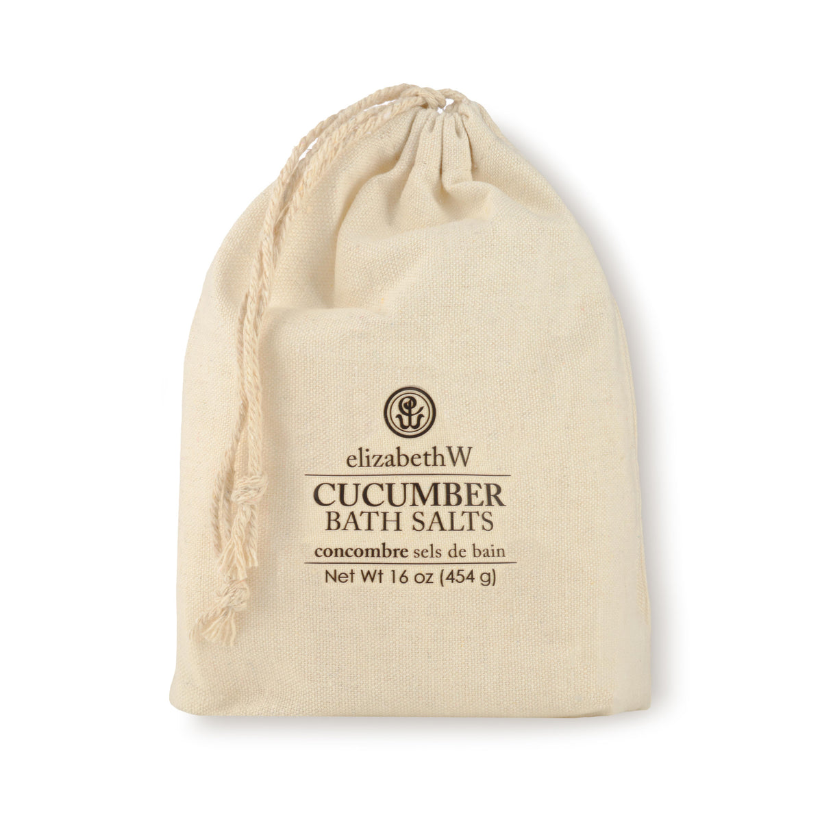 A drawstring cloth bag containing Cucumber bath salts. The label on the front has the elizabethW logo and reads &quot;Cucumber Bath Salts, concombre sels de bain, Net Wt 16 oz (454g)