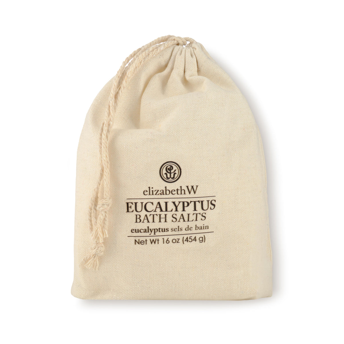 A drawstring cloth bag containing Eucalyptus bath salts. The label on the front has the elizabethW logo and reads &quot;Eucalyptus Bath Salts, eucalyptus sels de bain, Net Wt 16 oz (454g)