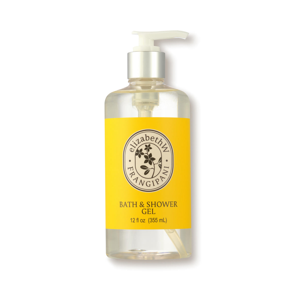 Clear plastic bottle of elizabethW Frangipani Bath &amp; Shower Gel with pump, 12 fl oz (355 mL). The wrap-around label features the fragrance name inside an oval with an icon in the center.