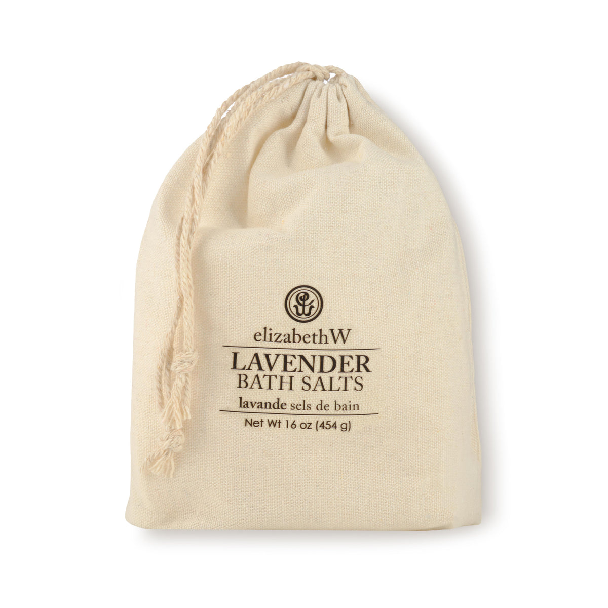 A drawstring cloth bag containing Lavender bath salts. The label on the front has the elizabethW logo and reads &quot;Lavender Bath Salts, lavande sels de bain, Net Wt 16 oz (454g)