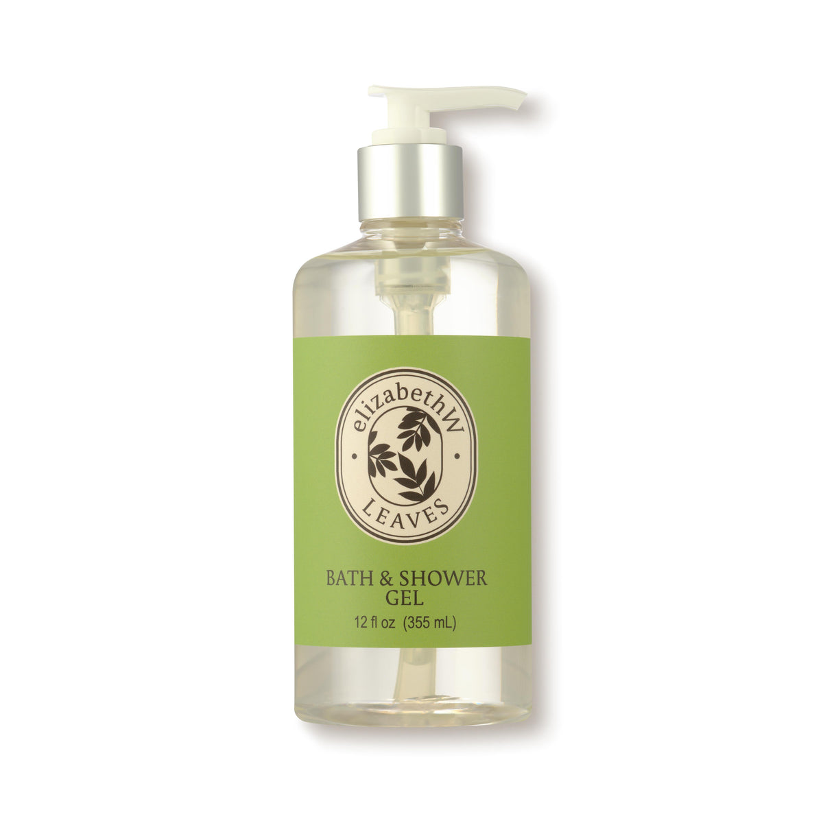 Clear plastic bottle of elizabethW Leaves Bath &amp; Shower Gel with pump, 12 fl oz (355 mL). The wrap-around label features the fragrance name inside an oval with an icon in the center.