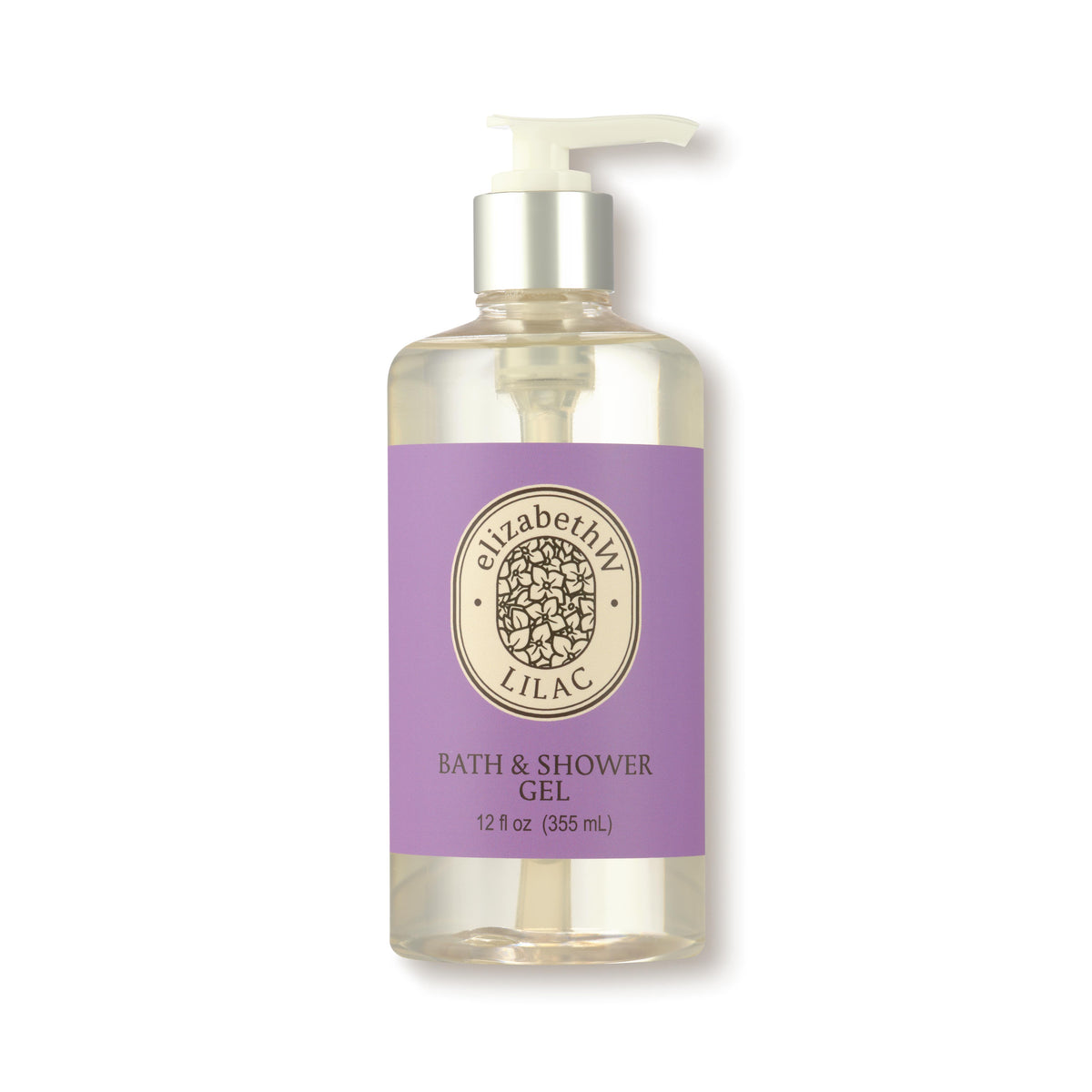 Clear plastic bottle of elizabethW Lilac Bath &amp; Shower Gel with pump, 12 fl oz (355 mL). The wrap-around label features the fragrance name inside an oval with an icon in the center.