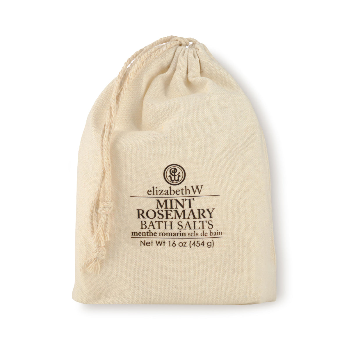 A drawstring cloth bag containing Mint Rosemary bath salts. The label on the front has the elizabethW logo and reads &quot;Mint Rosemary Bath Salts, menthe romarin sels de bain, Net Wt 16 oz (454g)