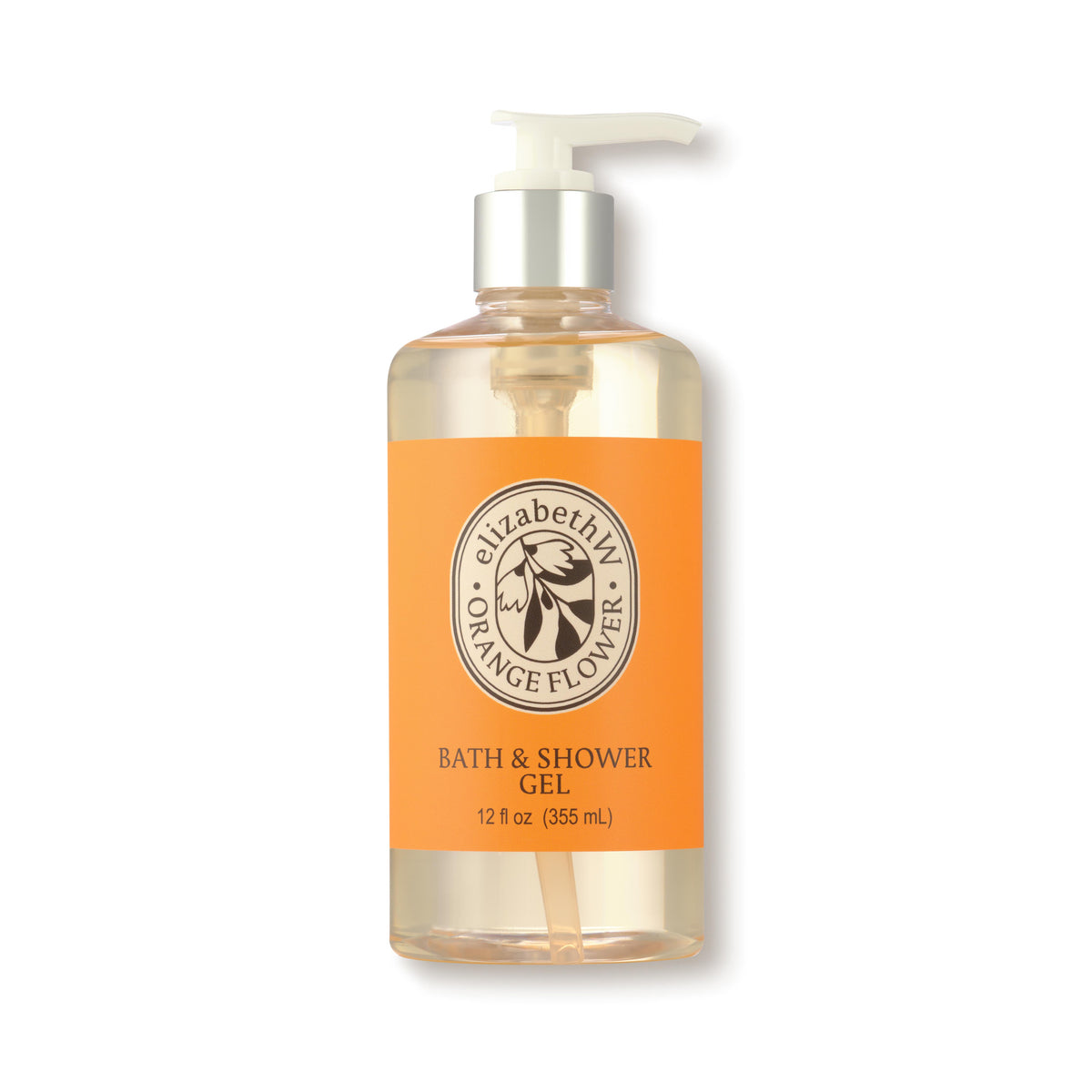 Clear plastic bottle of elizabethW Orange Flower Bath &amp; Shower Gel with pump, 12 fl oz (355 mL). The wrap-around label features the fragrance name inside an oval with an icon in the center.