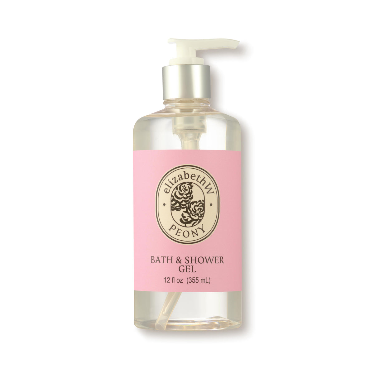 Clear plastic bottle of elizabethW Peony Bath &amp; Shower Gel with pump, 12 fl oz (355 mL). The wrap-around label features the fragrance name inside an oval with an icon in the center.