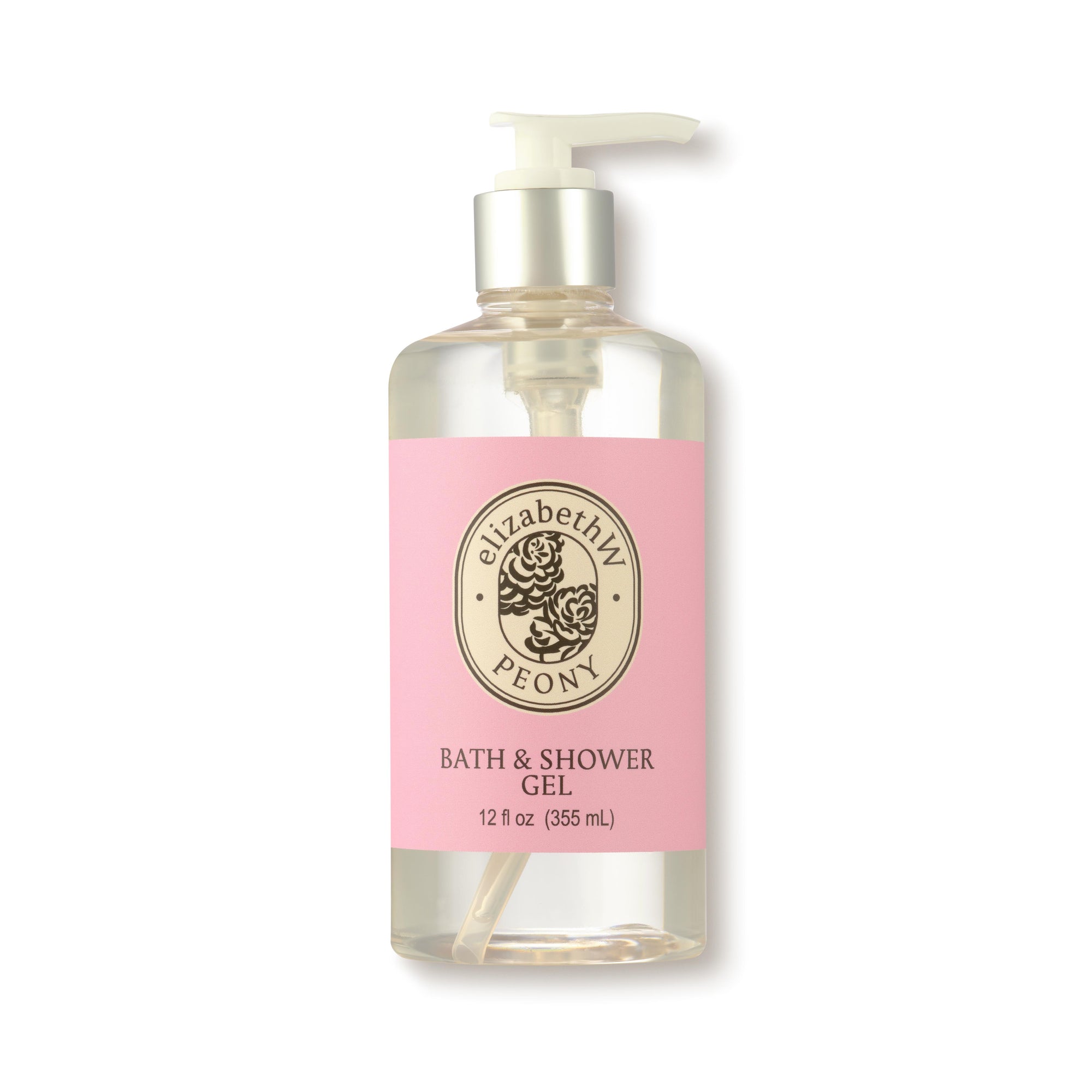 Clear plastic bottle of elizabethW Peony Bath & Shower Gel with pump, 12 fl oz (355 mL). The wrap-around label features the fragrance name inside an oval with an icon in the center.