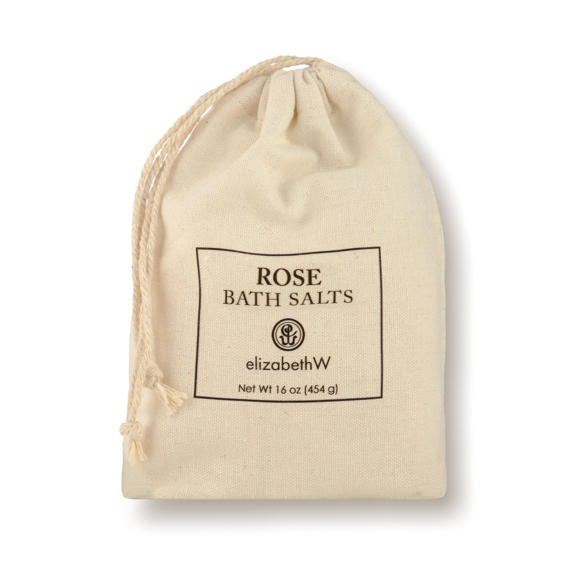 A drawstring cloth bag containing Rose bath salts. The label on the front reads "Rose Bath Salts" with the elizabethW logo and "san francisco." The bag contains 16 oz (454 g) of product.