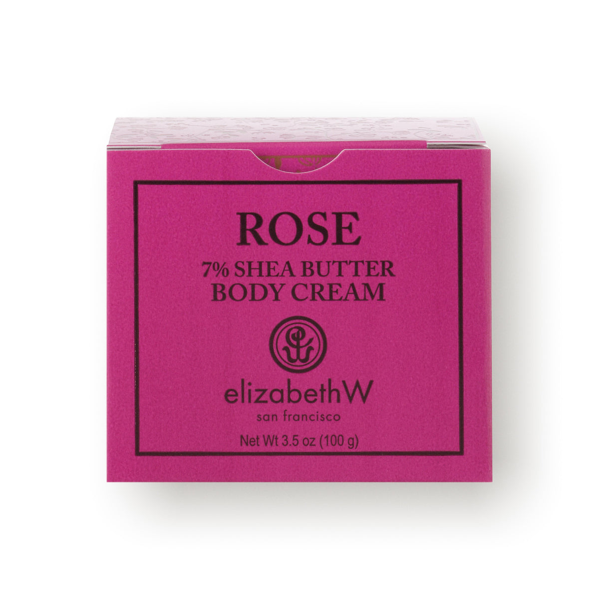 A purplish-red color square box for Rose 7% Shea Butter Body Cream. The text reads &quot;Rose 7% Shea Butter Body Cream&quot; with the elizabethW logo and &quot;san francisco&quot; printed below. The net weight is listed as 3.5 oz (100 g).