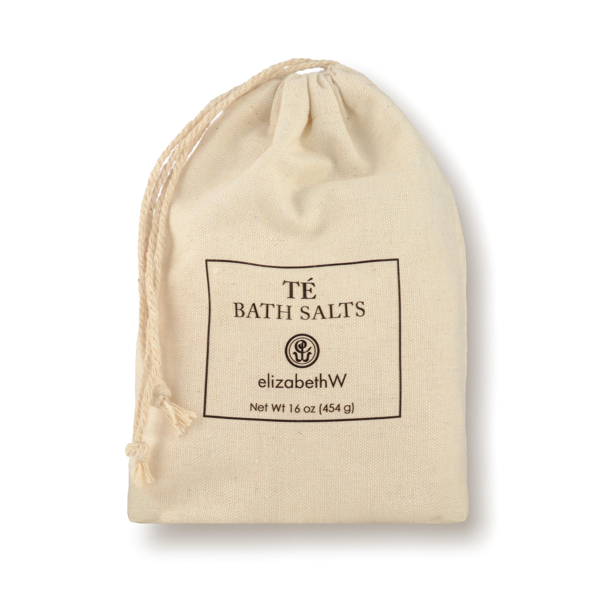 A drawstring cloth bag containing Te bath salts. The label on the front reads "Te Bath Salts" with the elizabethW logo and "san francisco." The bag contains 16 oz (454 g) of product.