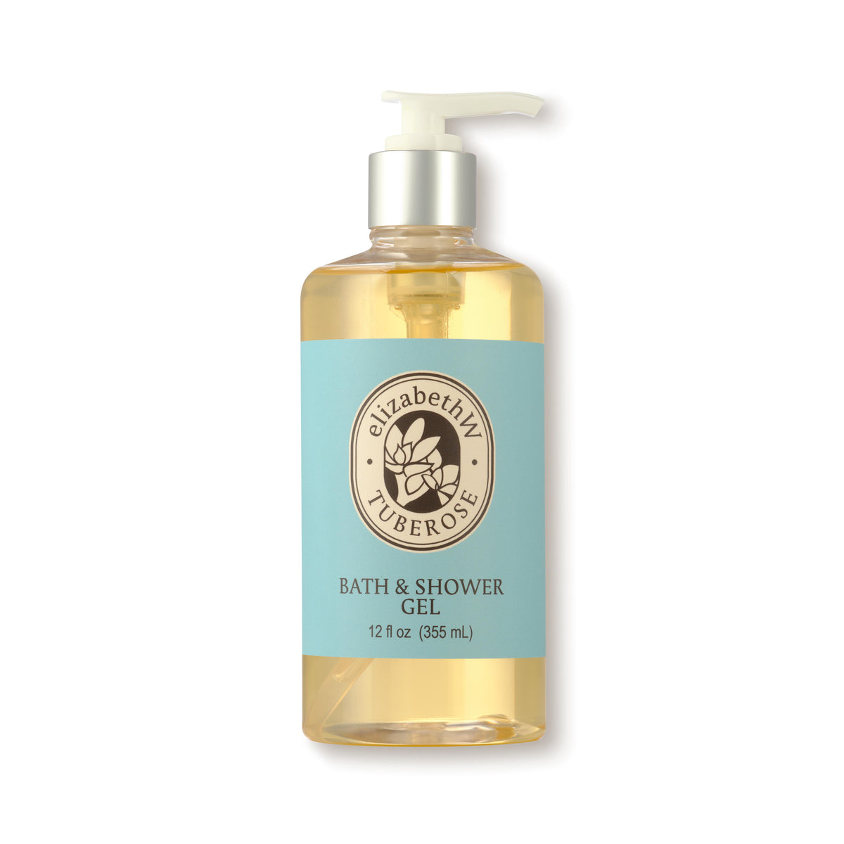 Clear plastic bottle of elizabethW Tuberose Bath &amp; Shower Gel with pump, 12 fl oz (355 mL). The wrap-around label features the fragrance name inside an oval with an icon in the center.