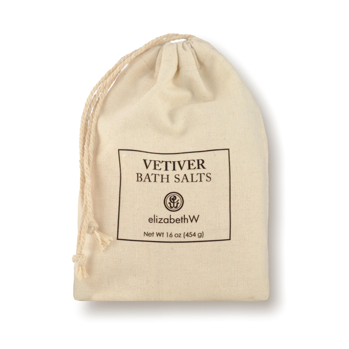 A drawstring cloth bag containing Vetiver bath salts. The label on the front reads &quot;Vetiver Bath Salts&quot; with the elizabethW logo and &quot;san francisco.&quot; The bag contains 16 oz (454 g) of product.