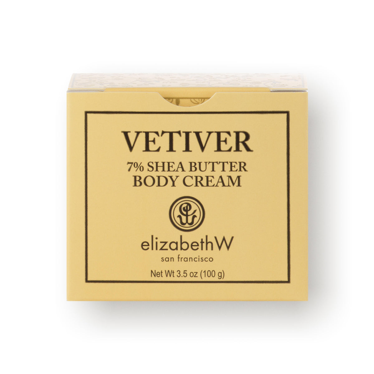 A cream color square box for Vetiver 7% Shea Butter Body Cream. The text reads &quot;Vetiver 7% Shea Butter Body Cream&quot; with the elizabethW logo and &quot;san francisco&quot; printed below. The net weight is listed as 3.5 oz (100 g).